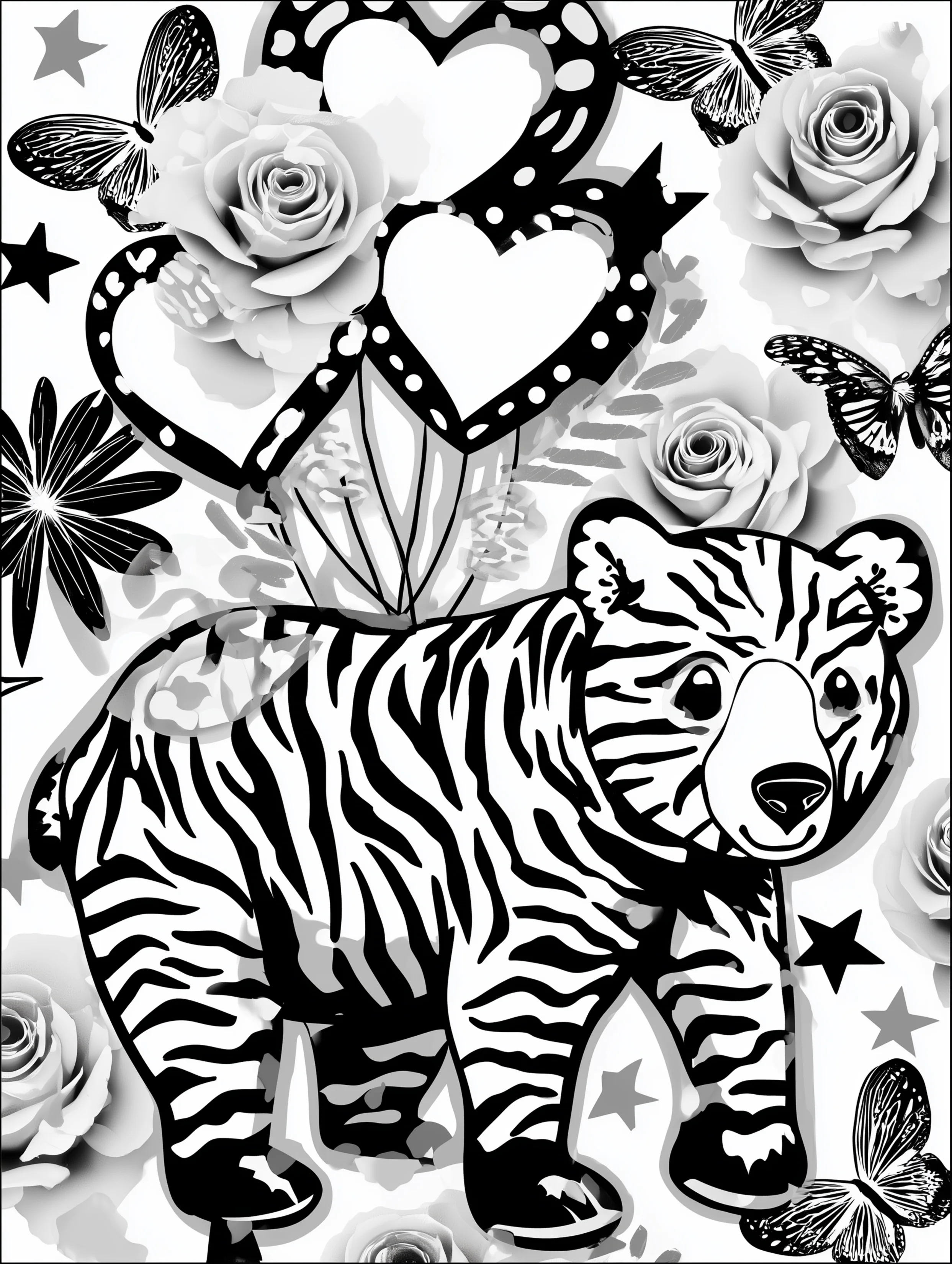 Free printable bear coloring book page featuring a stepping bear holding heart balloons